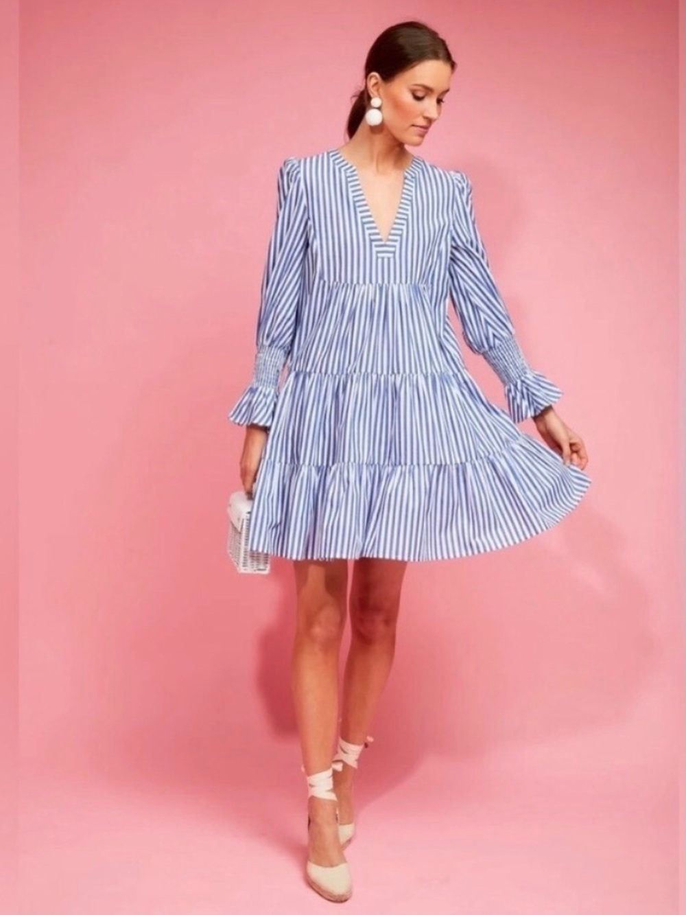 Pomander Place Kenzo Blue and White Stripe Cotton Poplin Tiered Mini Dress - Picture 2 of 13